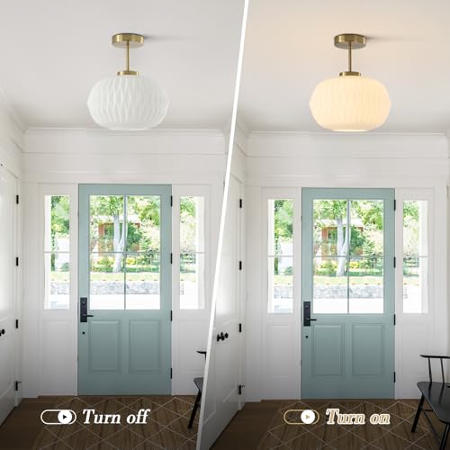 Image of Semi Flush Mount Ceiling Light Fixture Gold Brass Ceiling Light with White Striation Glass Shade Mid Century Modern Ceiling Light for Hallway Living Room Bedroom