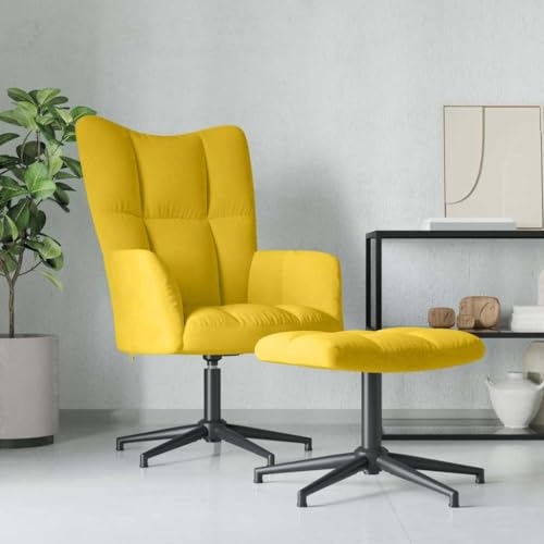SooIarix Sillón de relax con taburete, terciopelo amarillo mostaza, giratoria, silla tapizada con estructura de acero, sillón de salón para dormitorio, cómodo sillón orejero