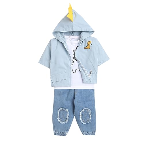 Image of Hopscotch Boys Blue Animal Print Tee, Jacket And Pant Set