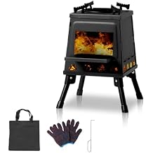 Wood Burning Stove with Pot Stand, Portable Camping Wood Stove with Folding Leg, Outdoor Cast Iron Wood Stove with Carrying Bag, Firewood Hook for Camping Cooking, Small
