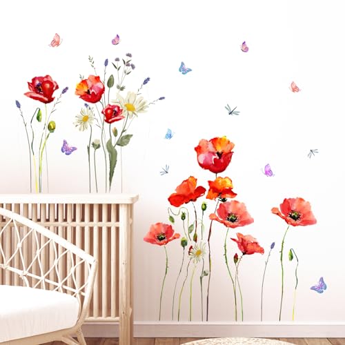 Tanlaby Red Poppy Flowers Wall Stickers Watercolor Floral Butterfly Wall Decals Peel and Stick Art Decor for Girls Bedroom Living Room TV Background