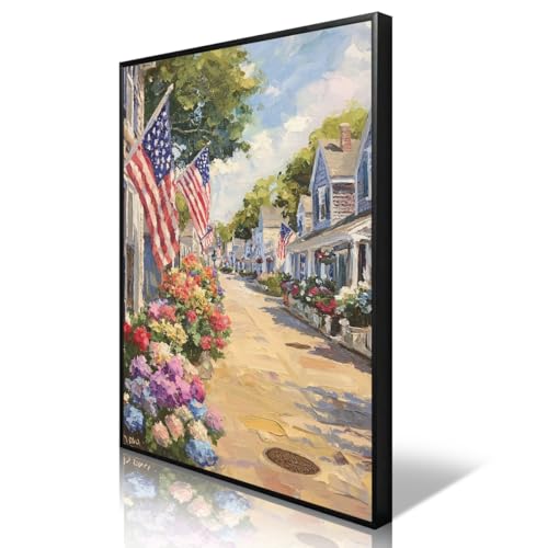 Image of American Flag Canvas Wall Art, 4th of July Patriotic Poster Print, USA Flag Colonial Scenery Floral Picture, Farmhouse Independence Day Wall Decor for Bedroom Living 24x36in Unframed