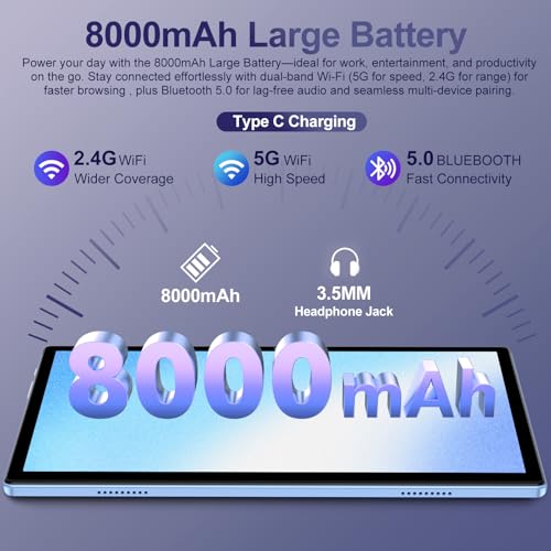 Image of 2026 Android 15 Tablet with Keyboard | Gemini AI, 30GB+128GB Octa-Core Electronics Tablets w / 10 Inch IPS HD Display, 8000mAh, 5G WiFi, 1TB Expand, Mouse+Case, BT 5.0, Widevine L1, Metal Body -Blue