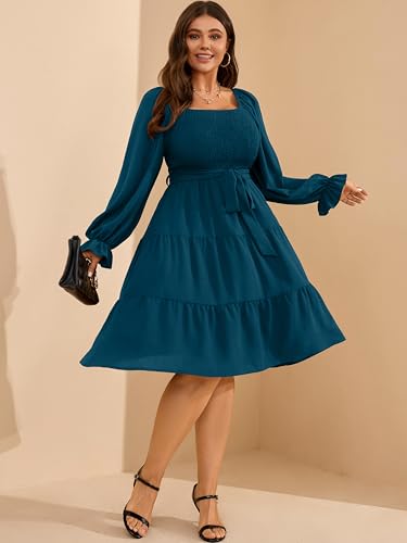 RWJ Womens Plus Size Fall Dress Long Sleeve Smocked Square Neck A-Line Wedding Guest Party Mini Dresses with Belt4