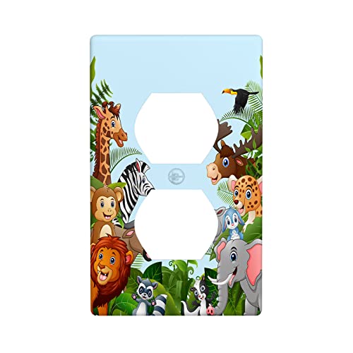 Cartoon Forest Animals 1 Gang Duplex Light Switch Cover, Cute Elephant Giraffe Lion Outlet Covers Wall Plate Decorative Electrical Receptacle Faceplate for Kitchen Bathroom Home Art Wall Panel Decor