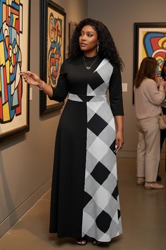 Image of FANDEE Womens Elegant Maxi Dresses Mock Neck Colorblock Casual Long Dress