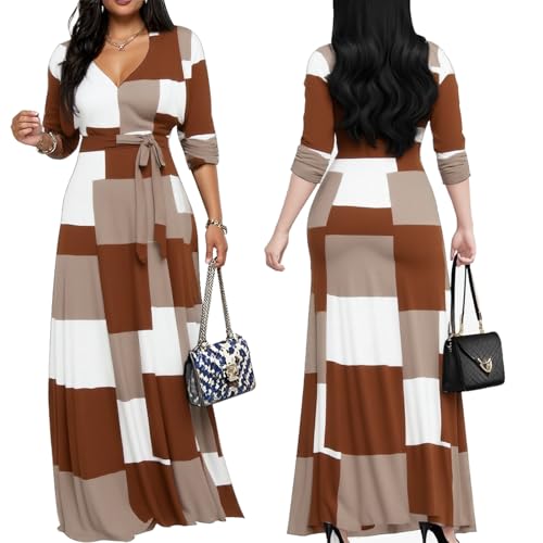 Image of Women's Church Maxi Wrap V Neck 3 /4 Sleeve Tie Waist Plus Size Long Dress | Flattering wrap V-neck design enhances curves. High elastic tie waist accentuates the slimmest part, hides tummy.