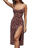 Murfhee Women's Elegant Floral Print Sleeveless Spaghetti Strap Split Dresses Midi Beach Party Dress Wine Red,L