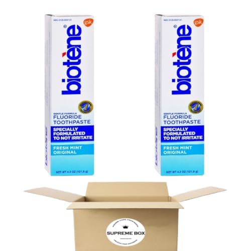 SUPREME BOX Biotene Gentle Formula Fluoride Toothpaste, Fresh Mint Original, 4.3 Oz - Pack of 2 (8.6 oz in Total)