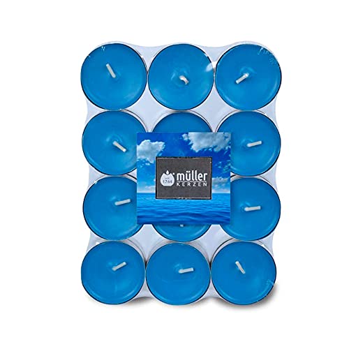 Müller Tealights Lot de 24 bougies parfumées - Parfum vent marin - 39 × 15 mm - Durée de combustion 4 heures - Bougies en cire bleue, récipient en aluminium anti-goutte Cover