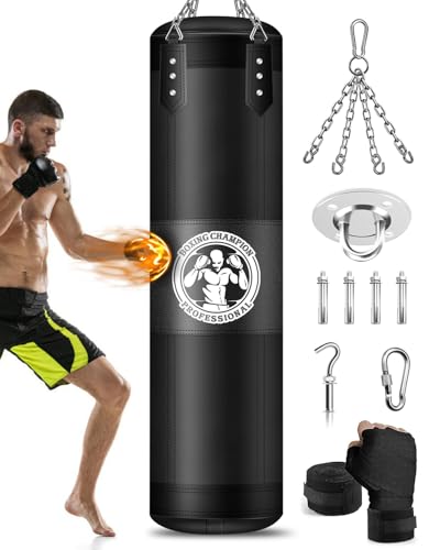 YORWHIN Hanging Punching Bag for Adults, 4FT Oxford Boxing Heavy Bag, Heavy Boxing Bag Set with Hand Wraps Chains, Kick Punching Bags for MMA Karate Kickboxing Boxing Muay Thai Training(Unfilled)