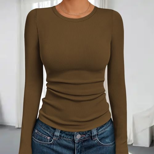 Blusa feminina de malha canelada, manga comprida, elástica, macia, casual, para mulheres, blusa básica com controle de barriga, Marrom, M