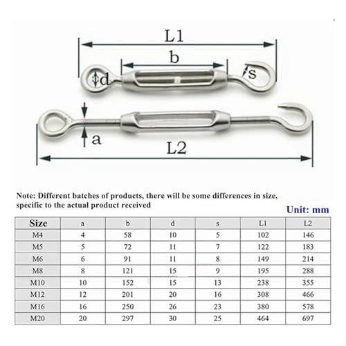 M5~M24 Tensor de cable de acero inoxidable 304 para tensar cable, con gancho y tornillo roscado miniatura 3
