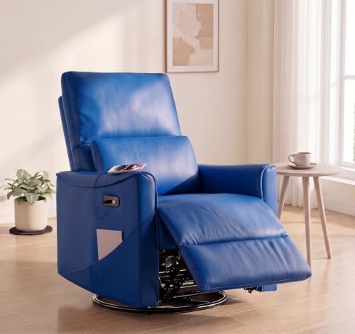 Image of Leather Power Swivel Rocking Recliner Chair, Electric Lazy Boy Reclining with Home Theater Seating, 360 Swivel Oversized Recliner Chair for Living Room, Bedroom, Reading, Napping, Blue