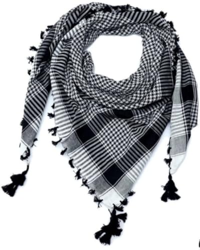 Image of Traditional Keffiyeh Arafat arabic Scarf, Black and White Checkered Pattern, Shemagh with Tassels