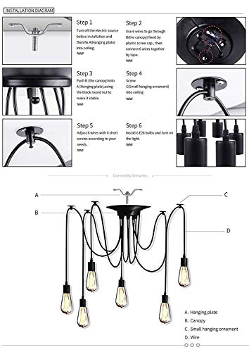 Lámpara colgante vintage E27 ajustable con 6 luces de techo retro 7