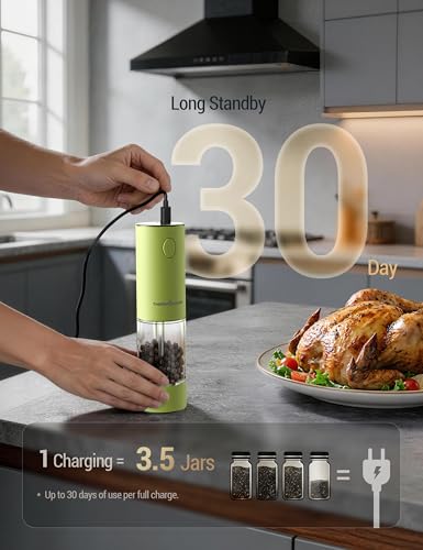 Image of ThermoMaven Electric Salt and Pepper Grinder Set, 110ml Larger Rechargeable Automatic Salt and Pepper Mill Grinder with 6 Adjustable Coarseness, Electric Salt and Pepper Shakers, LED, Pistachio