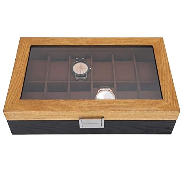 12-slots horloge display box organizer, 2-kleurig massief hout klassieke vintage horloges opslag collectie koffer sieraden armband showdozen met glazen deksel en horloge zacht kussen