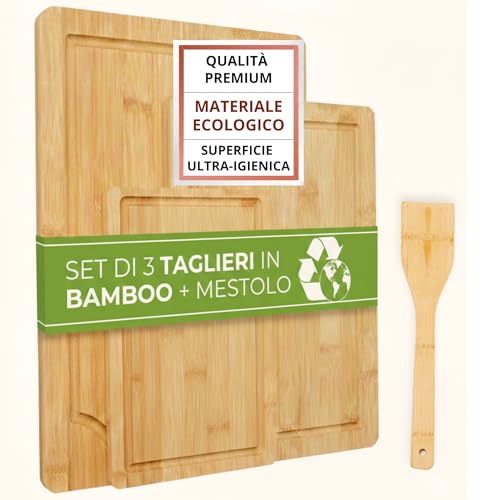 FAH - Set 3 Taglieri in Bamboo da Cucina Professionali con Mestolo da Cucina - Legno Naturale Antibatterico Ideale per Tagliare Carne, Formaggi, Pane, Aperitivo