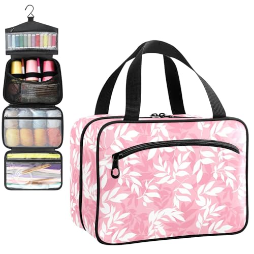 YNNALE Sewing Supply Organizer Bag, Light Pink and White Leaves Portable Sewing Bags with Pockets&Hanger, Sewing Storage Box Case for Sew Supplies/Kit/Tools/Accessories (BAG ONLY)