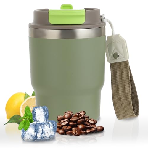 Mug Isotherme – thermos cafe – Tasse de voyage avec paille – couvercle à double usage – design épaissi et anti fuite, idéal pour le café et le thé en déplacement, 350 ml (Vert)