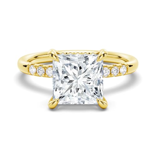 MSBLUE® Moissanite Engagement Ring, 1.0-3.0 CT Solitaire Princess Cut with Accent Stones and Hidden Halo, 14K Gold Vermeil, Rhodium Finish