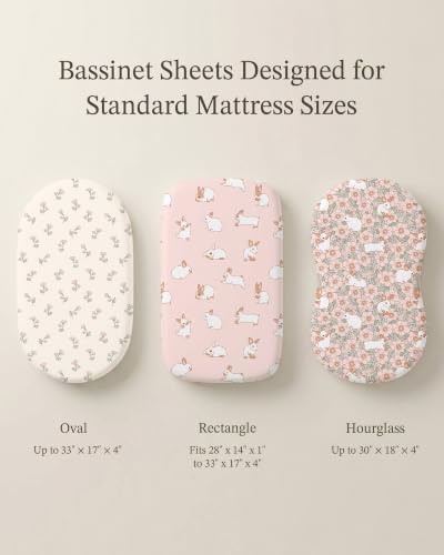 Image of Bassinet Sheets for Baby Girls Boys 3 Pack, Fitted Baby Mattress Sheet for Rectangle, Oval, Hourglass Bassinet Mattress, Breathable Cozy & Universal Fit (Blush Bunny, Bassinet Sheet)