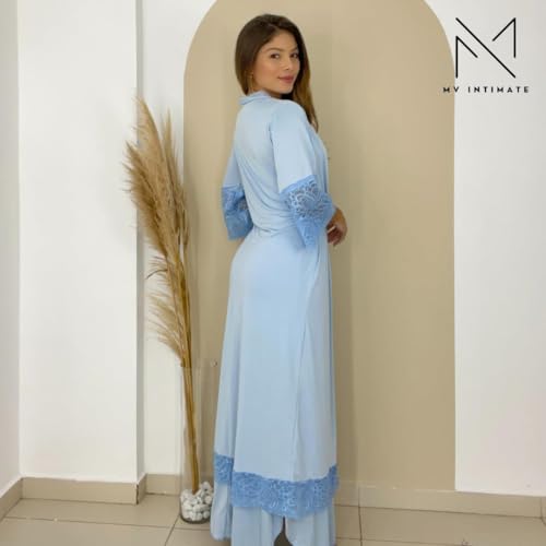 Kit de Robe e Camisola LONGOS sem Bojo de Microfibra Light de Amamentação Feminina (Azul Bebê, M)