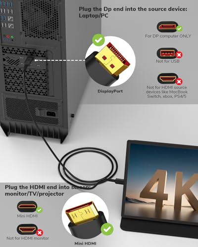 Cable DisplayPort 4K a Mini HDMI de construcción CL3 resistente para vídeo UHD 3