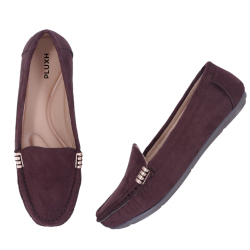 Image of Pluxh Women Classic Ballet Flats | Suede-Textured Slip-On Design with Metal Accent | Cushioned Footbed and Flexible Sole | Office, Casual & Travel Wear