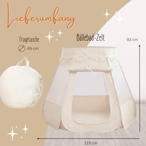 LIONHERZ® DAS ORIGINAL 2in1 Bällebad-Spielzelt für Kinder aus Baumwolle/Hanf [115x93cm] Pop-up Kinderzelt [faltbar & atmungsaktiv] Baby Ballzelt & Spielhaus Indoor | Jungen & Mädchen (Cremeweiß)