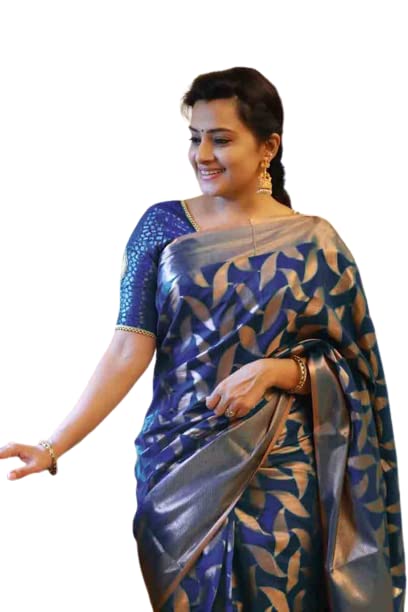 Flosive Women's Present Banarasi Soft Lichi Silk Saree Beautiful Jacquard Rich Pallu Design Work Zari Woven Kanjivaram Silk Style Saree 4539 With Soft Lichi Silk Blouse Piece (Blue).