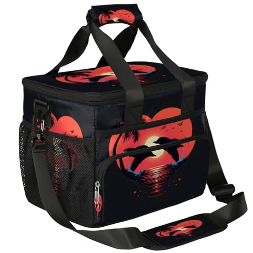Dolphins Insulated Picnic Backpack Lunch Box for Women Men Picnic Basket Tote Lunch Bag Picnic Bag Portable Lunch Bags for Picnic, Beach, Work, Trip,Office, Camp Dolphin Heart Sunset