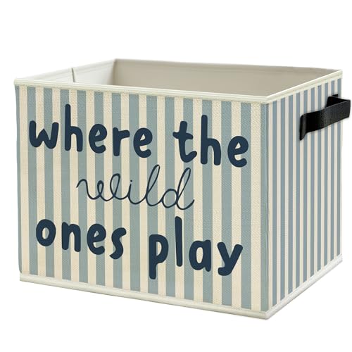 Image of Blue Stripe Boho Classroom Storage Bins Box with Handles, Where the Wild Ones Play Collapsible Basket Organizer for Kids Playroom Nursery Bedroom Bathroom Books Clothes
