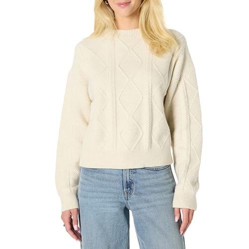 Amazon Essentials Damen Relaxed-Fit, Rundhalsausschnitt und Zopfmuster, Haferbeige Meliert, M
