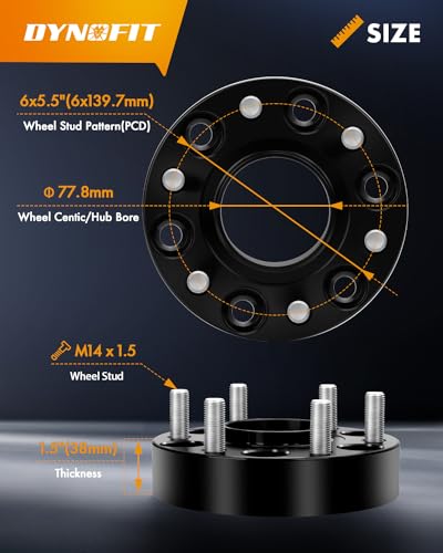 Image of Dynofit 6x5.5 to 6x5.5 Wheel Spacers 1.5 inch, 6x139.7 Forged Hubcentric Spacers Compatible with 2019-2026 Ram 1500 and 2021+ Jeep Grand Wagoneer, 77.8mm Bore with M14x1.5 Studs - 4Pcs 1.5 Inch Set