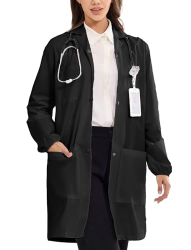 Image of Women's Lab Coats Snap Closure 4 Pockets Elastic Cuffs Professional Medicas Long Sleeve Labcoats Scientist College