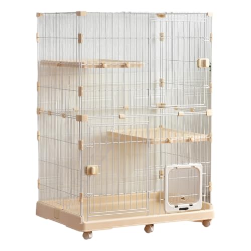 収納型キャットケージ 2段1段2段可能 キャットハウス キャスター付き(Beige)