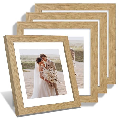 Hongkee 10x10 Picture Frame Set of 4, Real Glass and Wooden Frame, 8x8 Mat