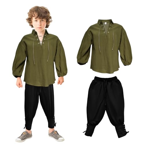 Prebene Boys Medieval Pirate Set Shirt & Ankle Pants Kids Renaissance Halloween Costume Scottish Jacobite Tops and Trousers (Green+Black 6-8T)