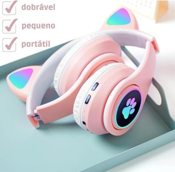 Fone Orelhas GATO Sem Fio COM LED MUDA DE COR Bluetooth Música Infantil COLORIDO ORELHINHA GATINHO (ROSA)