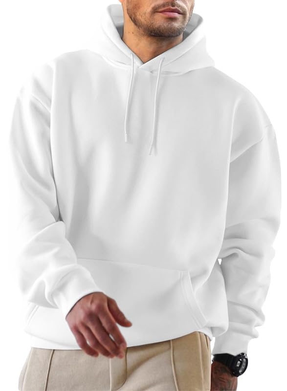JMIERR Hoodie Herren Freizeit Pullover mit Taschen Winter Warm Langarm Kordelzug Sweatshirt Männer Baumwolle Kapuzenpullover Weiß XL