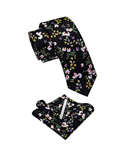 Image of YourTies Cotton Floral Tie for Men 2.5 inch Printed Skinny Necktie Pocket Square Tie Clip Set Flower Wedding Party Groom