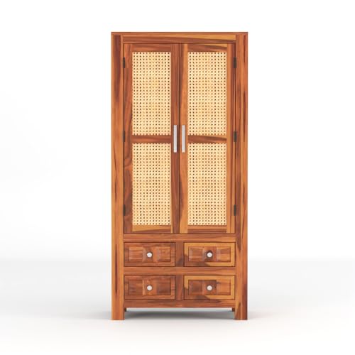 Image of PS DECOR Solid Sheesham Wood Book Shelf Cabinet with Cane Rattan Doors & 4 Drawers | Modern Wooden Bookshelf Storage Unit for Home Library, Living Room & Office (Honey Finish)