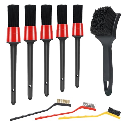 9pcs Detailing Brush Set,Interior Cleaning Brush,Steel Wire & Tire Brush Automotive Cleaning Brush Kit,for Cleaning Engine, Body Exterior Surface, Carpet, Truck, SUV, RV, Motorcycle