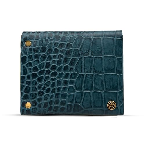 Image of STRUTT Croc Textured Genuine Leather Batua Wallet for Men & Women | Handcrafted Blue Leather Cash & Card Holder | Snap Button Closure | Compact Ethnic Money Pouch