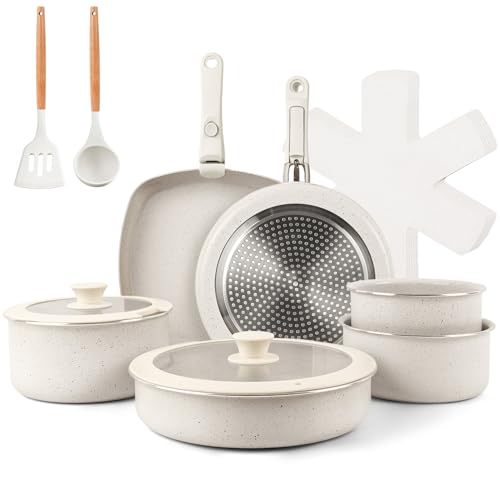 Jogo de Panelas 18 Peças, Conjunto de panelas antiaderentes Punho destacável, Conjuntos de panelas de cozinha de indução antiaderente com alça removível