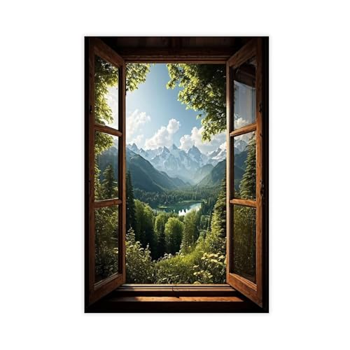 Forest Fake Window Wall Art, Open Window Wall Decor,Forest Poster Print, Cottagecore Poster, Nature Inspired Home Decor Unframe-style 12x18inch(30x45cm)