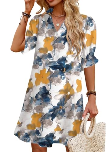 Image of Womens Summer Shirt Dress 2026 Casual Ruffle Short Sleeve Button Down Flowy Swing Shift Mini Dresses with Pockets