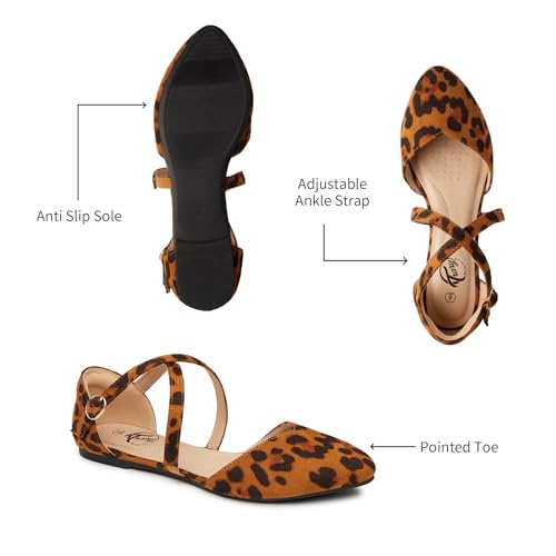 Trary Leopard Mary Jane Flats for Women, Pointed Toe Suede Ballet Flats with Double Cross Ankle Straps, Comfortable Casual Dress Shoes Size 82